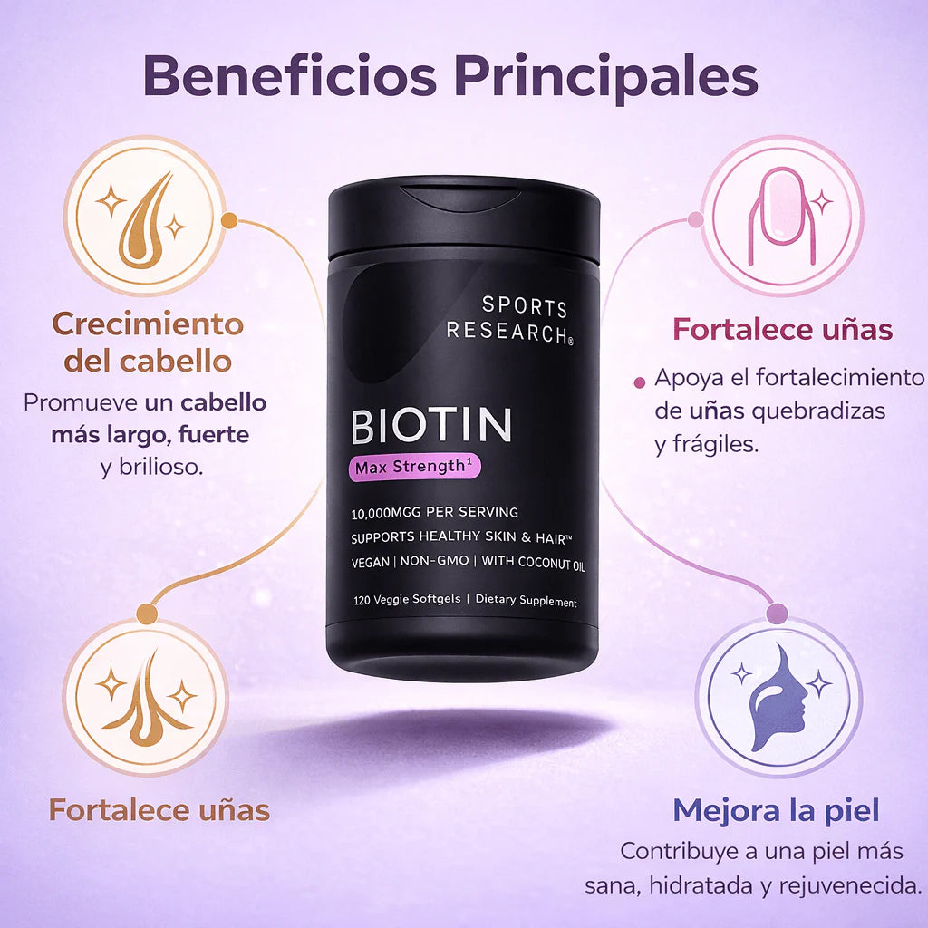 BIOTIN Max Strength – Cabello más fuerte, uñas resistentes, piel radiante desde adentro.